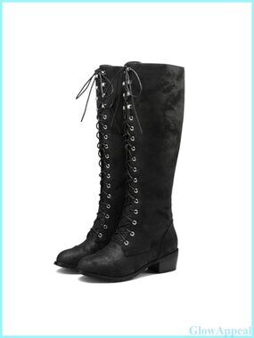Knee High Combat Boots Lace Up Riding Boots Synthetic Low Heel